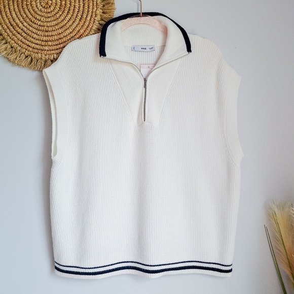 Mango, MNG New, White Stripe Preppy 1/2 Zip Knitted Sweater Vest, Size XXL - Picture 9 of 10